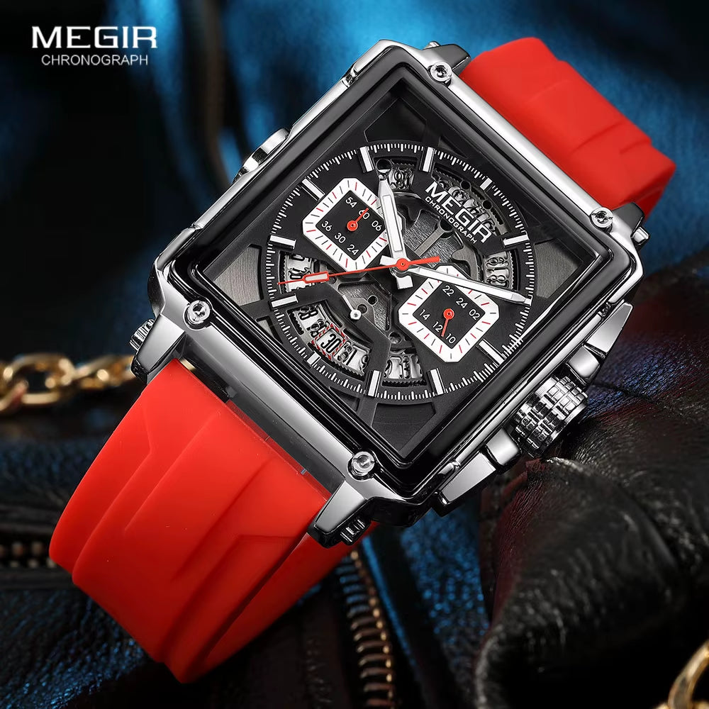 Square Dial Sport Quartz Watch Men Fashion Waterproof Luminous Wristwatch with Chronograph Date Blue Silicone Strap 2233