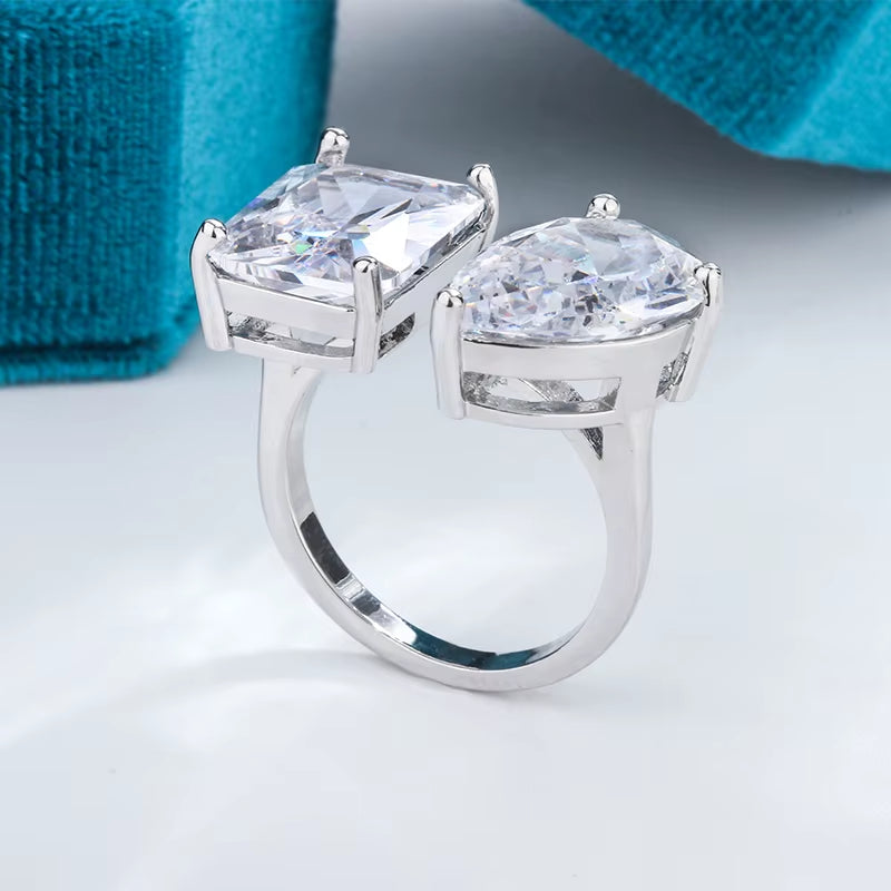 Geometric Square Waterdrop Zircon Opening Ring Female 925 Stamp Luxury Super Flash Zircon Asymmetric Ring Party Wedding Gift