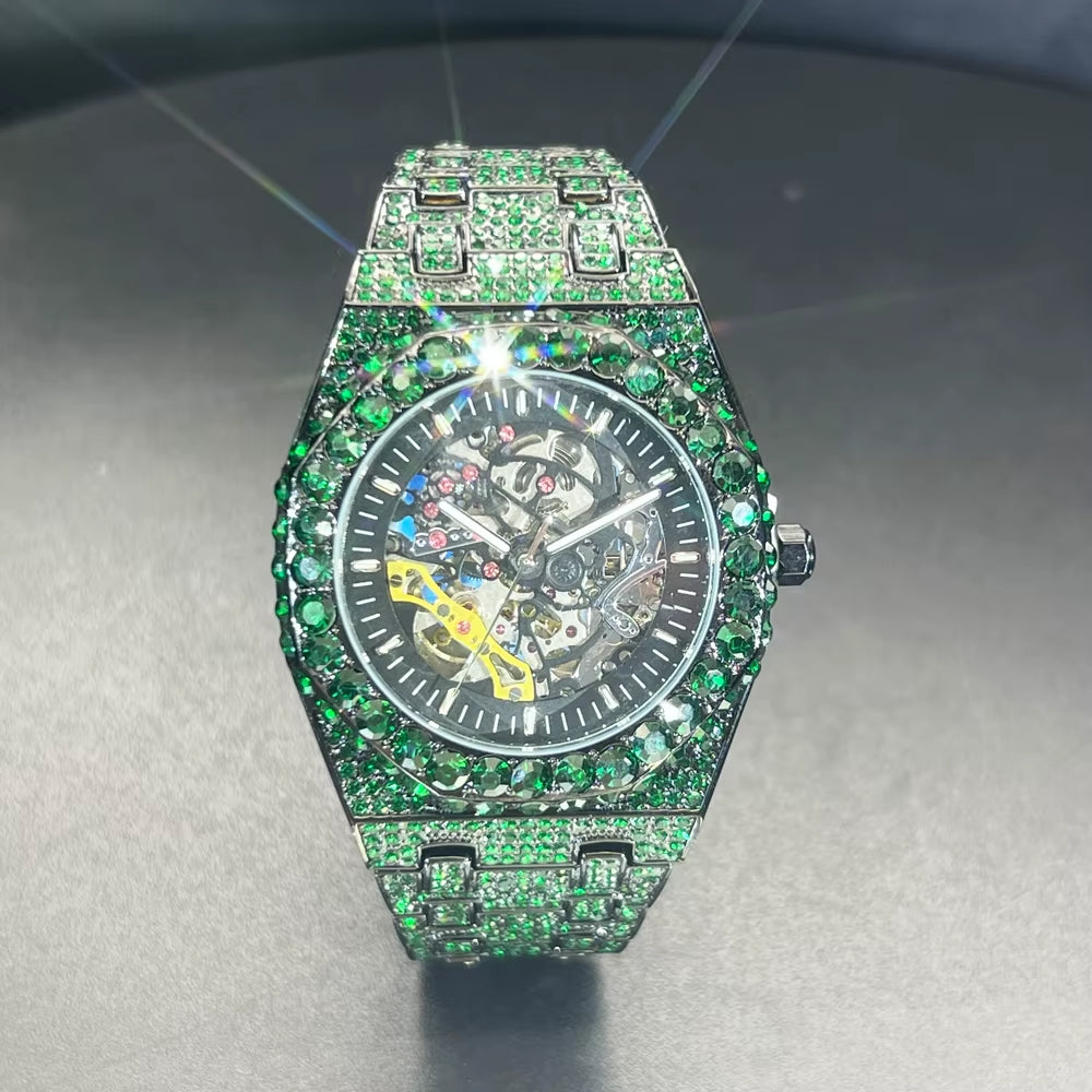 Automatic Watch for Men Luxury Full Green Ice Out Business Tourbillon Watches Bling Diamond Gold Male Mechanical Wristwatch