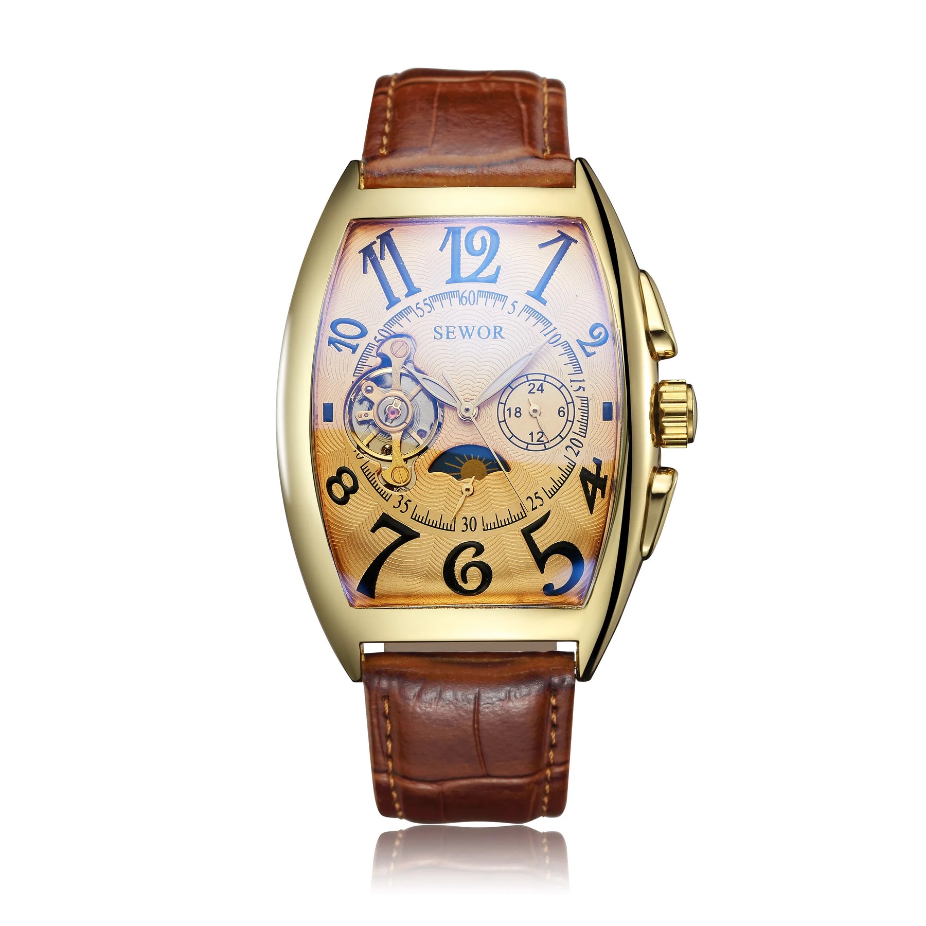 Top Fashion Luxury Gold Watch Men Mon Phase Tourbillon Watches Small Seconds Automatic Mechanical Wristwatches Reloj Hombre 2023