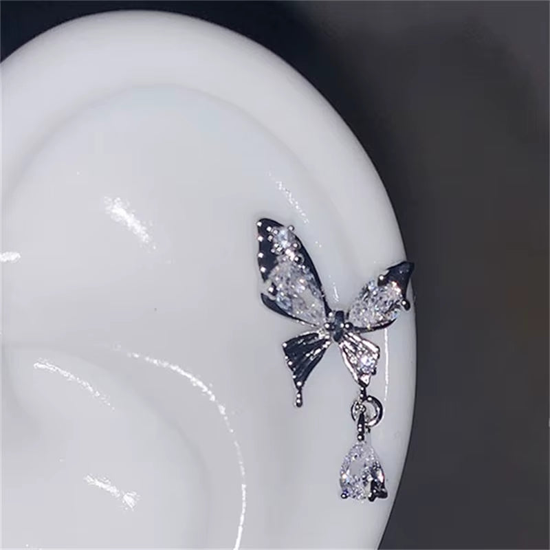 Shiny Hollow Silver Color Rhinestone Butterfly 316L Stainless Steel Ear Bone Nail Delicate Waterproof Small Earrings for Women