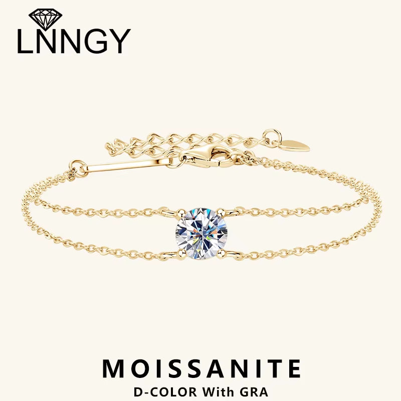 6.5Mm 1Ct Moissanite Bracelet 925 Sterling Silver Certified Double Chain Bracelets for Women Charm Wedding Jewelry Gift