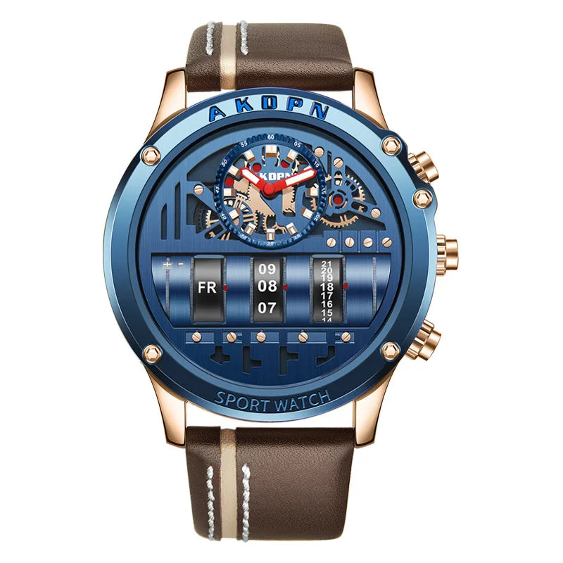Business Casual Watch for Men Creative Men Wristwatch Unique Rotate Date Leather Strap Quartz Watch Male Military Sport Clock