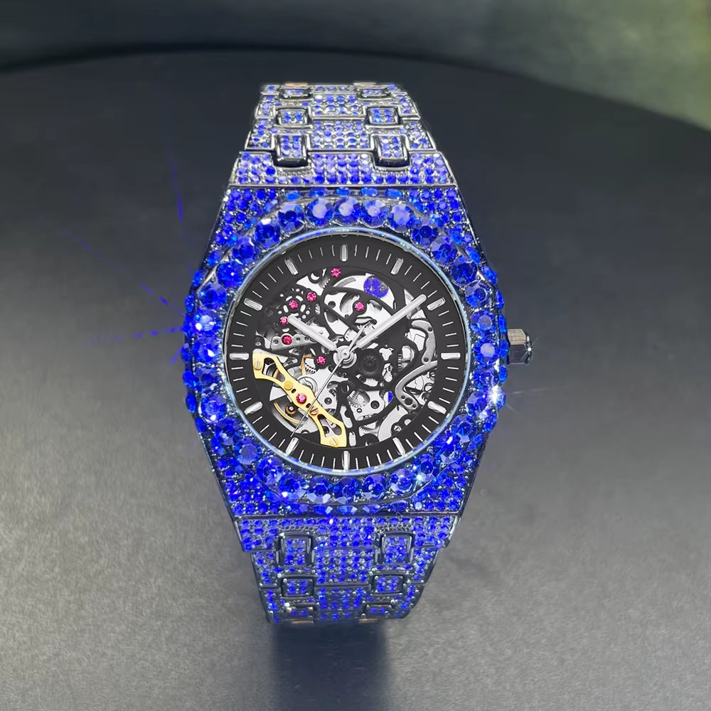 Automatic Watch for Men Luxury Full Green Ice Out Business Tourbillon Watches Bling Diamond Gold Male Mechanical Wristwatch
