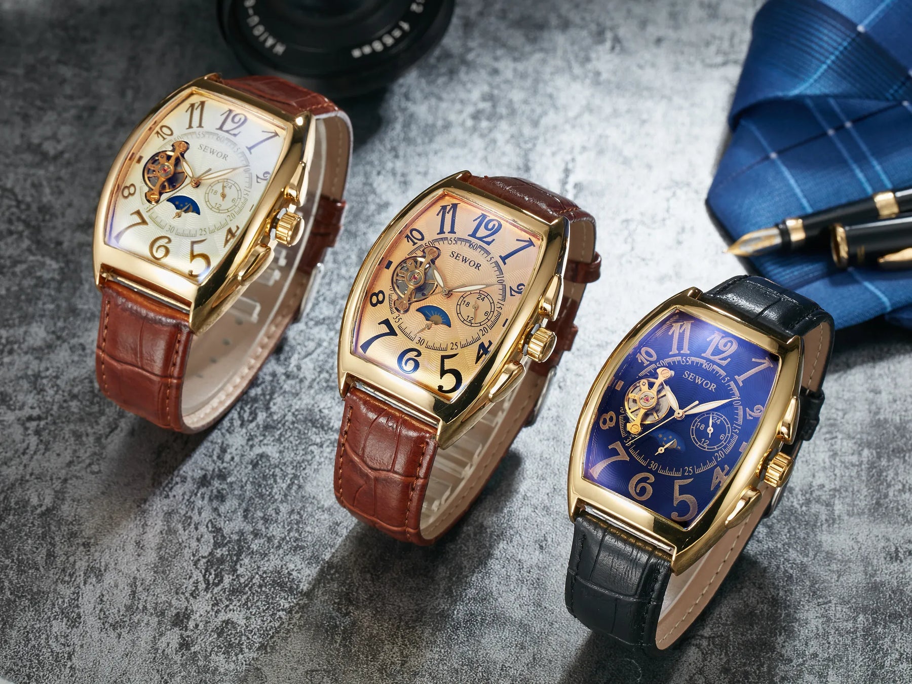 Top Fashion Luxury Gold Watch Men Mon Phase Tourbillon Watches Small Seconds Automatic Mechanical Wristwatches Reloj Hombre 2023