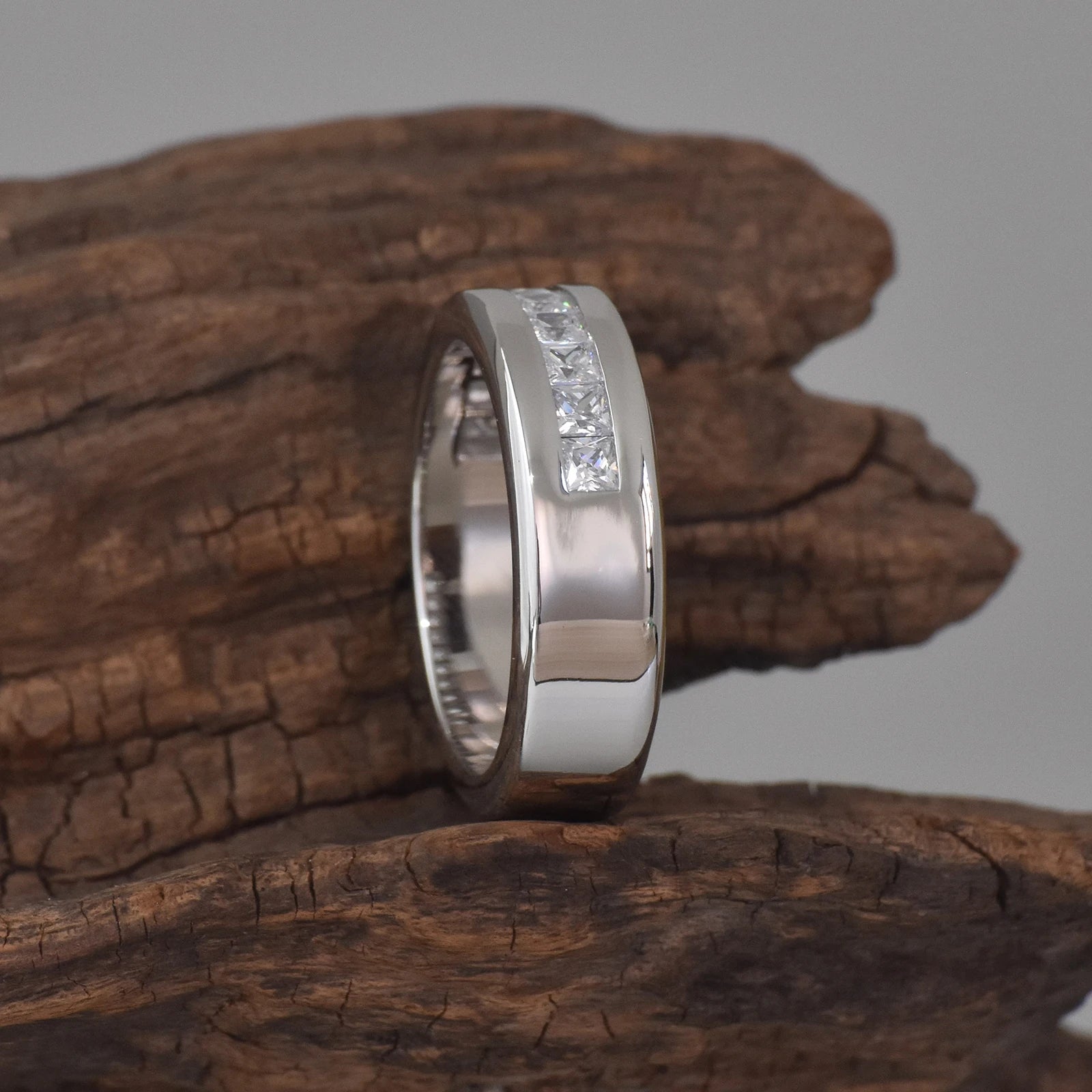 925 Sterling Silver Moissanite Mens Wedding Band Half Eternity Princess Cut Lab Created Diamond Ring Luxury Jewelry