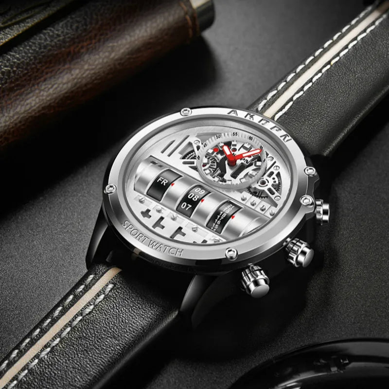 Business Casual Watch for Men Creative Men Wristwatch Unique Rotate Date Leather Strap Quartz Watch Male Military Sport Clock
