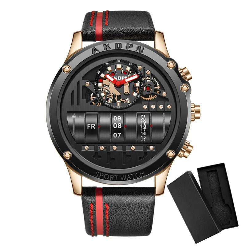 Business Casual Watch for Men Creative Men Wristwatch Unique Rotate Date Leather Strap Quartz Watch Male Military Sport Clock