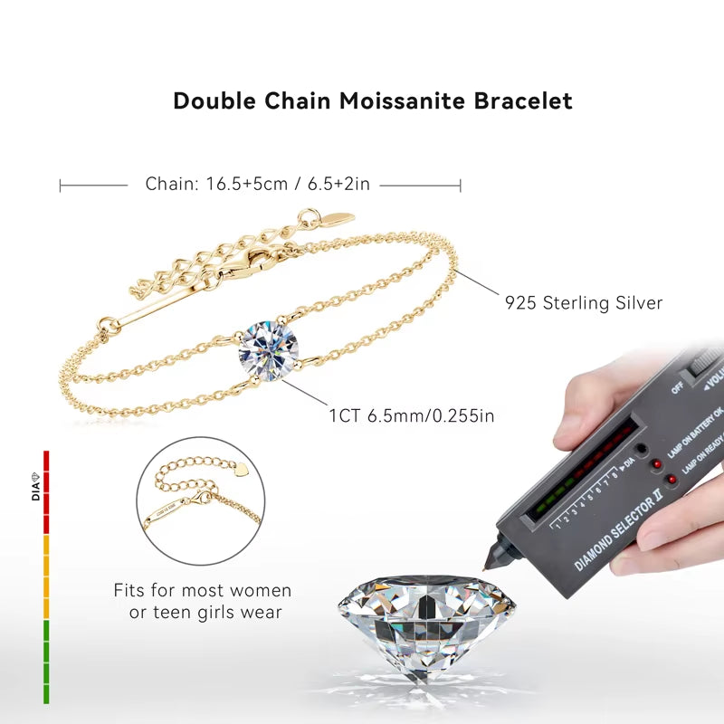 6.5Mm 1Ct Moissanite Bracelet 925 Sterling Silver Certified Double Chain Bracelets for Women Charm Wedding Jewelry Gift