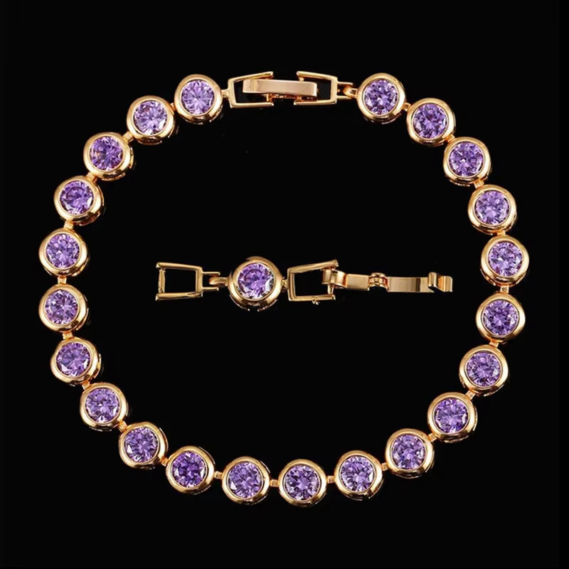 Pera Gorgeous Design Gold Color round Shape Purple Cubic Zirconia Stone Charm Link Bracelets Wedding Jewelry for Women B020