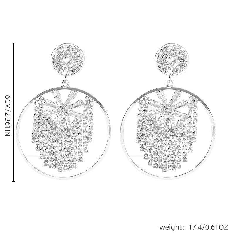 Fashion Snowflake Tassel Exaggerated Large Circular Ring Zircon Earrings Party Banquet Women Ear Accessories Jewelry
