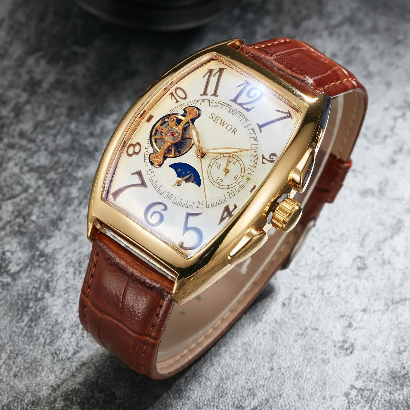 Top Fashion Luxury Gold Watch Men Mon Phase Tourbillon Watches Small Seconds Automatic Mechanical Wristwatches Reloj Hombre 2023