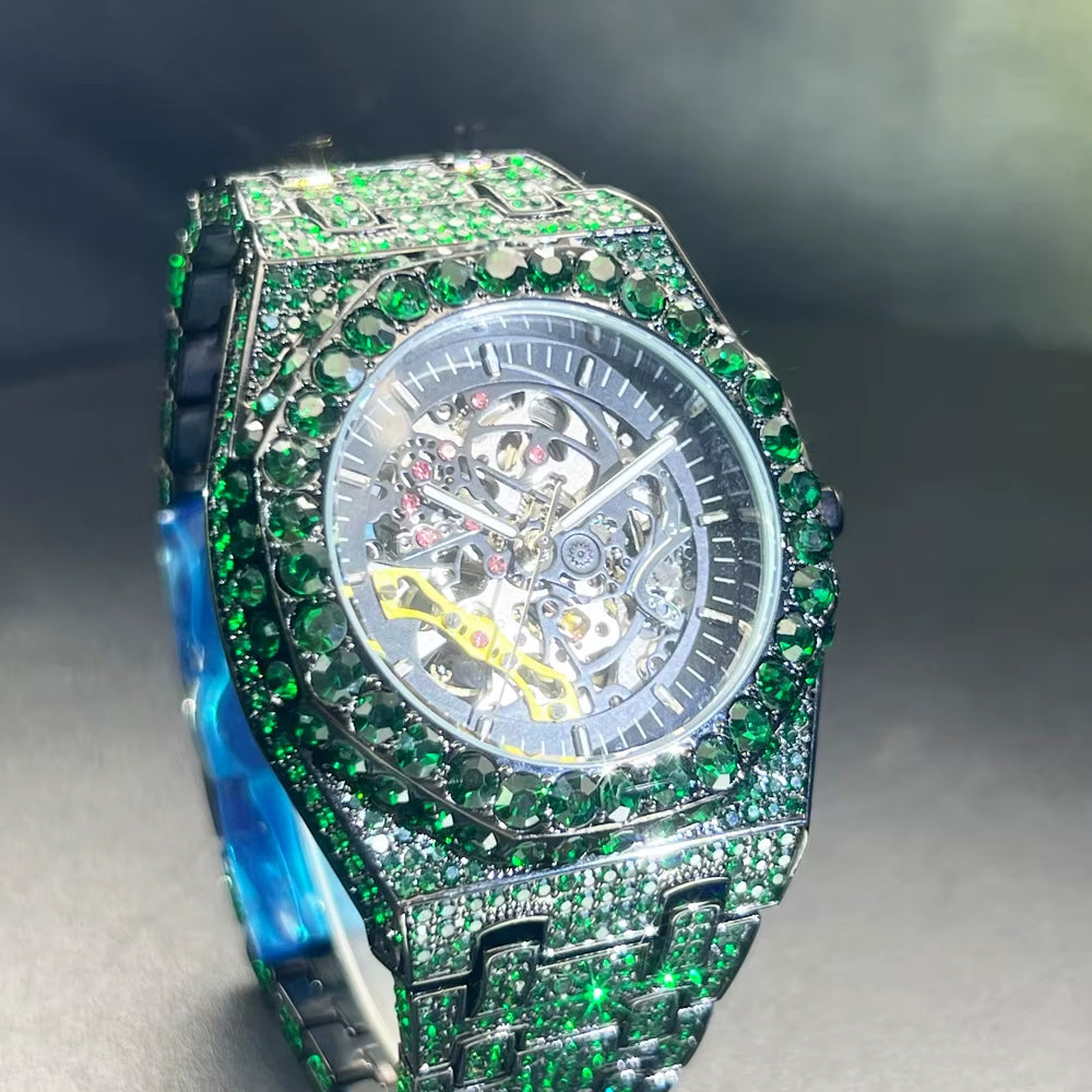 Automatic Watch for Men Luxury Full Green Ice Out Business Tourbillon Watches Bling Diamond Gold Male Mechanical Wristwatch