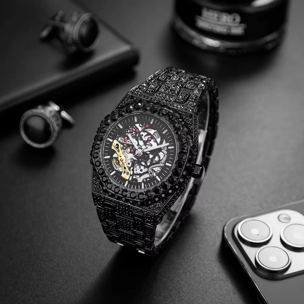 Automatic Watch for Men Luxury Full Green Ice Out Business Tourbillon Watches Bling Diamond Gold Male Mechanical Wristwatch