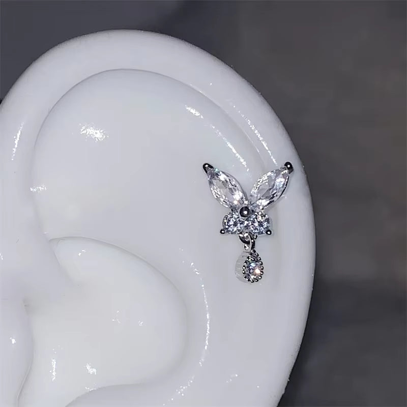 Shiny Hollow Silver Color Rhinestone Butterfly 316L Stainless Steel Ear Bone Nail Delicate Waterproof Small Earrings for Women