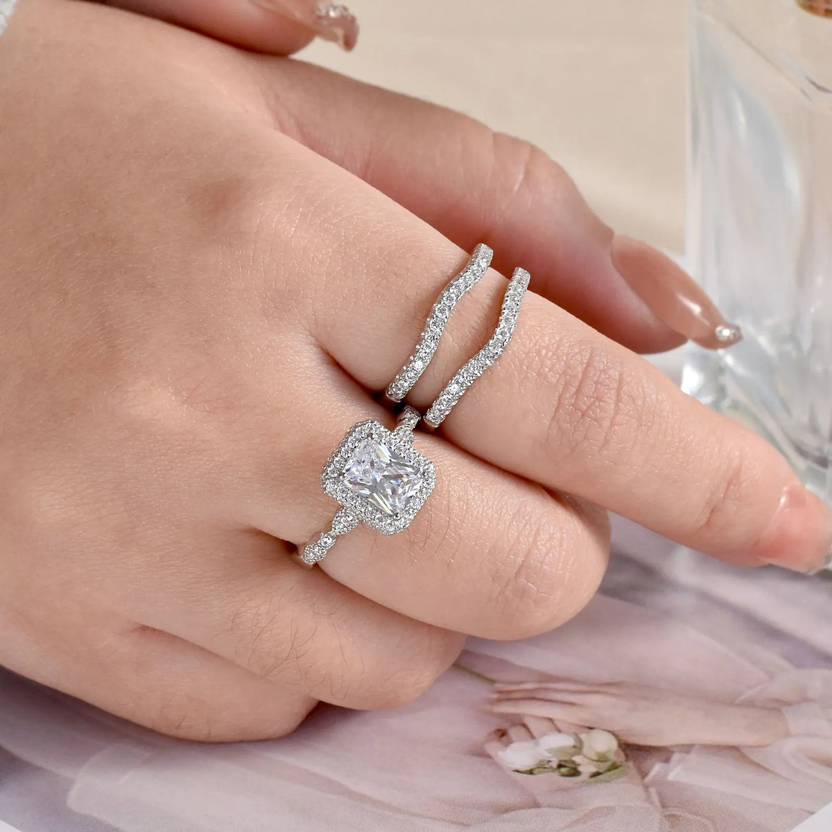 Solid 925 Sterling Silver Wedding Rings Set for Women AAAAA Grade CZ Engagement Ring Detachable Guard Bands