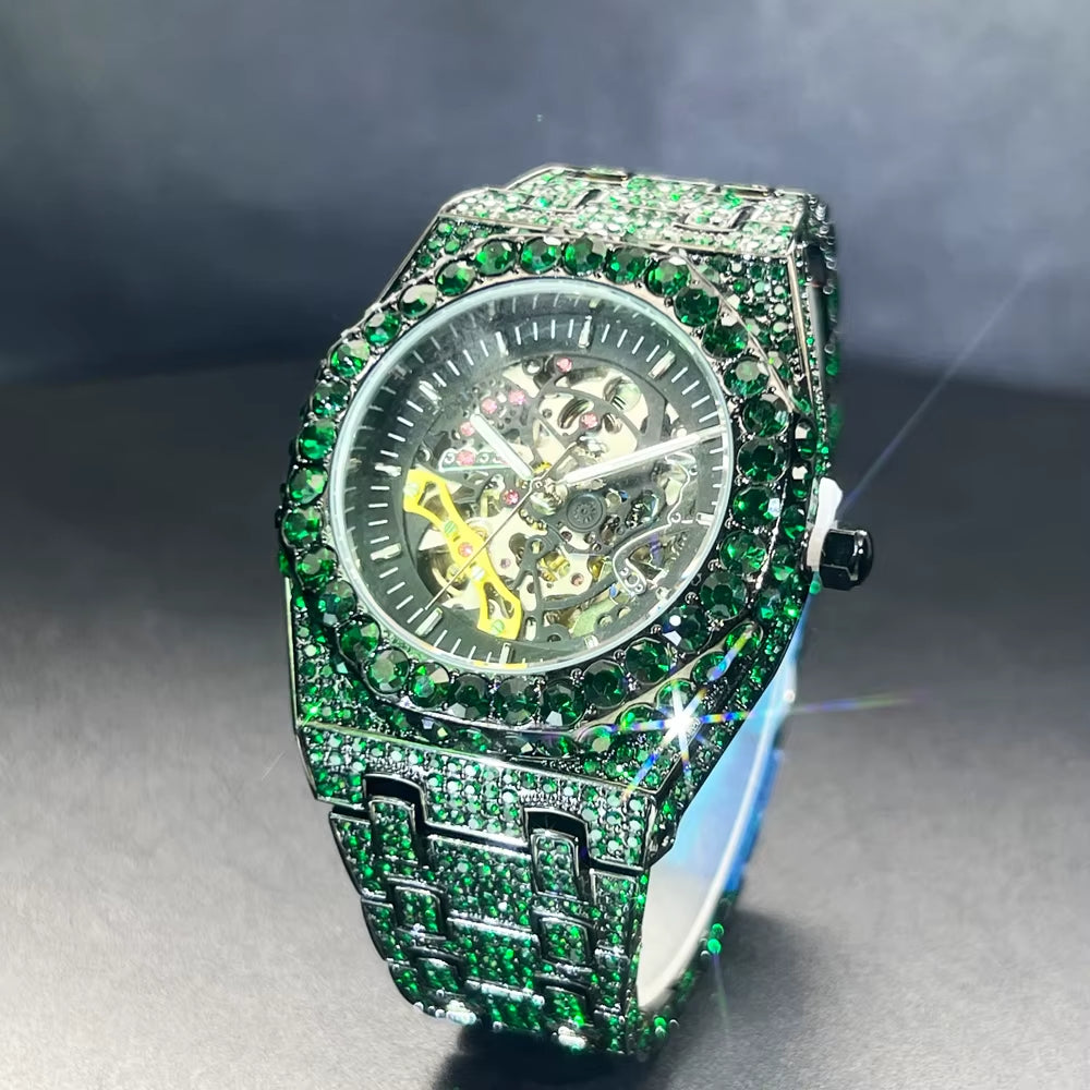 Automatic Watch for Men Luxury Full Green Ice Out Business Tourbillon Watches Bling Diamond Gold Male Mechanical Wristwatch