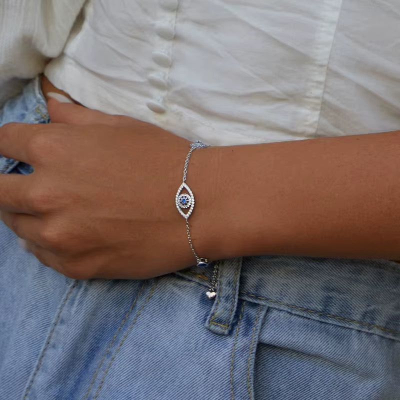 100% 925 Sterling Silver Blue Zircon Evil Eyes Bracelet Guardian Eye Chain for Women Gift Fine Jewelry SCB089