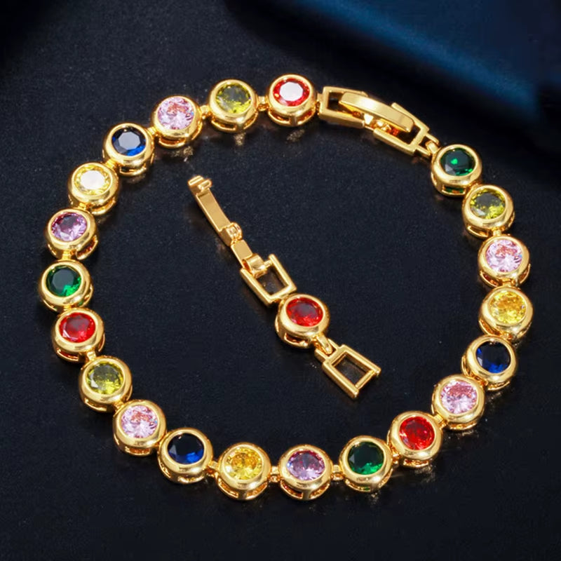 Pera Gorgeous Design Gold Color round Shape Purple Cubic Zirconia Stone Charm Link Bracelets Wedding Jewelry for Women B020
