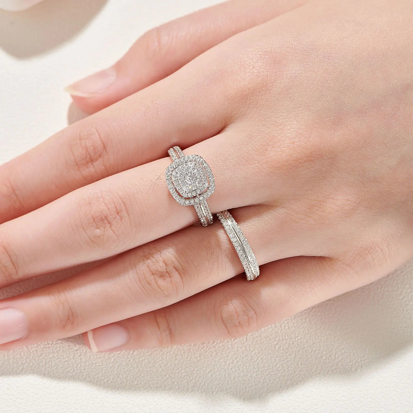 2Pcs Wedding Rings for Women Solid 925 Sterling Silver Engagement Ring Bridal Set 1.6Ct Halo round Cut AAAAA Zircon