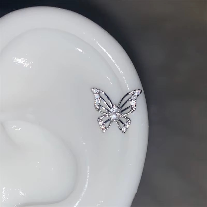 Shiny Hollow Silver Color Rhinestone Butterfly 316L Stainless Steel Ear Bone Nail Delicate Waterproof Small Earrings for Women