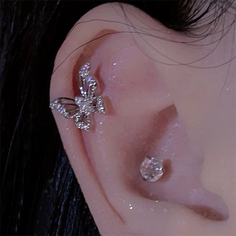 Shiny Hollow Silver Color Rhinestone Butterfly 316L Stainless Steel Ear Bone Nail Delicate Waterproof Small Earrings for Women