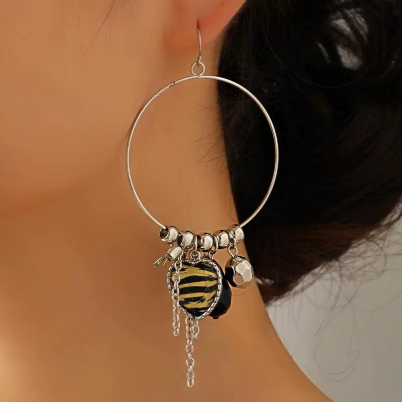 Retro Metal Hoop Earrings Creative Multi Element Bow Chain Zebra Pattern Ear Rings for Women Bohemian Jewelry Wholesale
