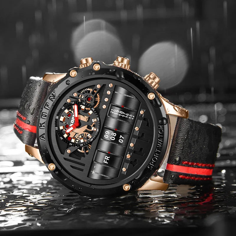 Business Casual Watch for Men Creative Men Wristwatch Unique Rotate Date Leather Strap Quartz Watch Male Military Sport Clock