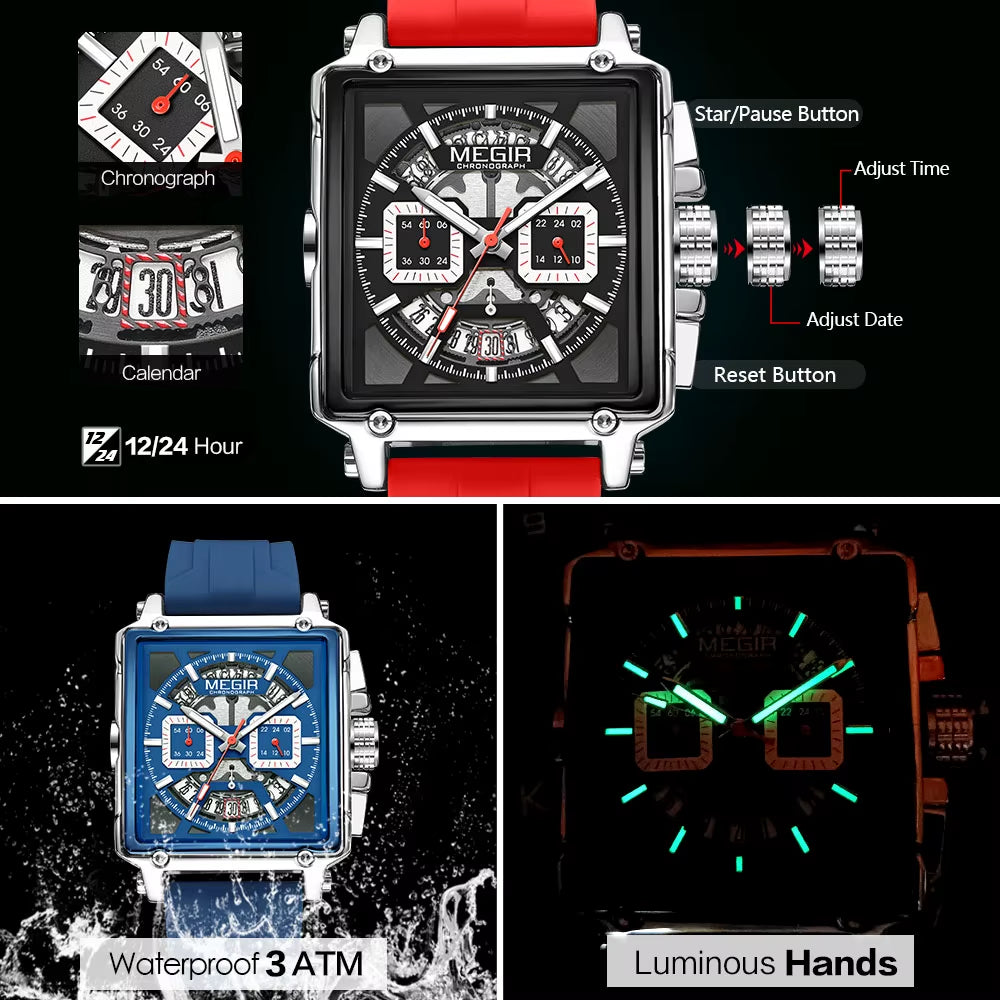 Square Dial Sport Quartz Watch Men Fashion Waterproof Luminous Wristwatch with Chronograph Date Blue Silicone Strap 2233