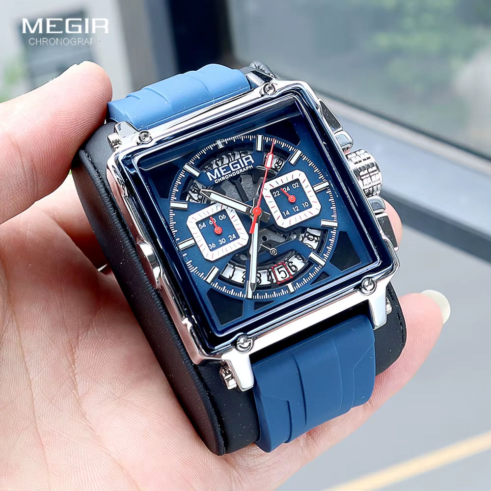 Square Dial Sport Quartz Watch Men Fashion Waterproof Luminous Wristwatch with Chronograph Date Blue Silicone Strap 2233