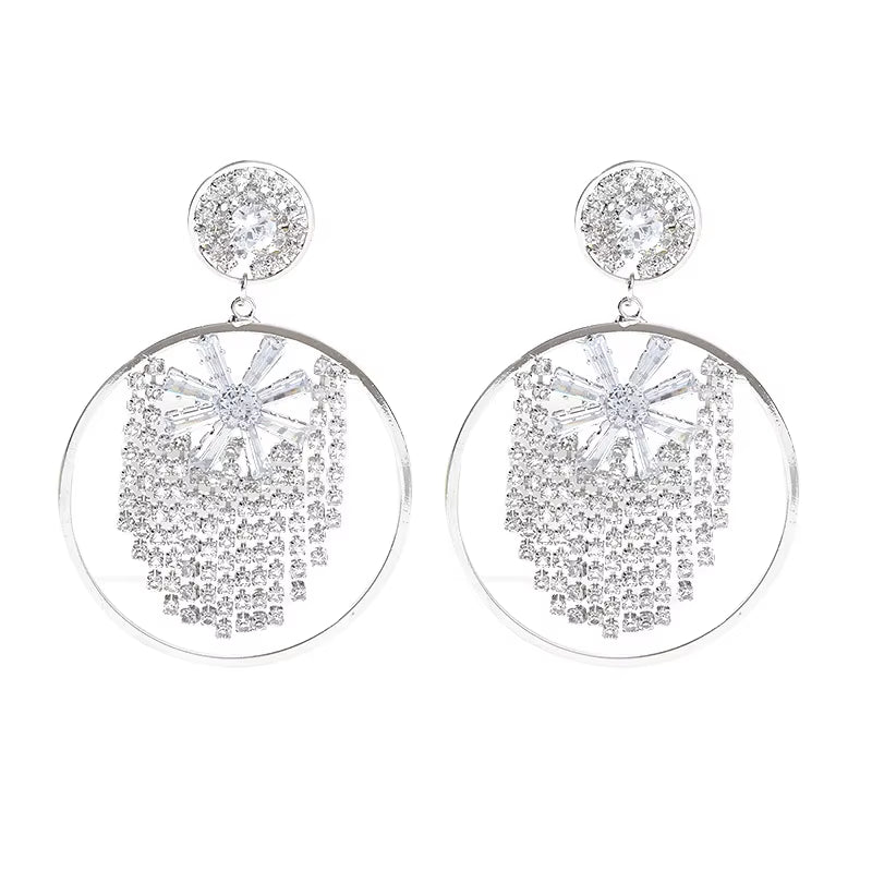 Fashion Snowflake Tassel Exaggerated Large Circular Ring Zircon Earrings Party Banquet Women Ear Accessories Jewelry