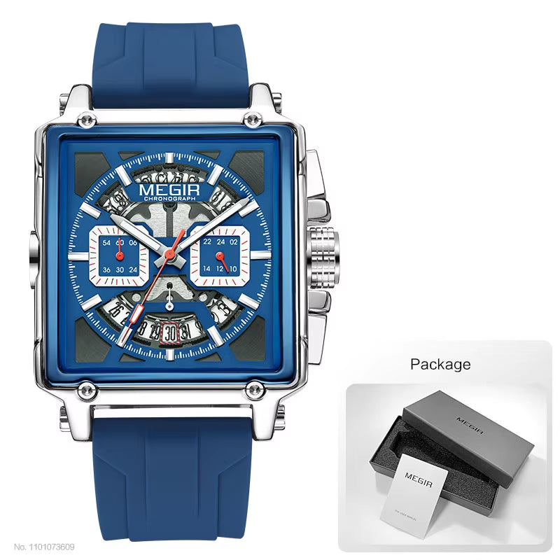 Square Dial Sport Quartz Watch Men Fashion Waterproof Luminous Wristwatch with Chronograph Date Blue Silicone Strap 2233