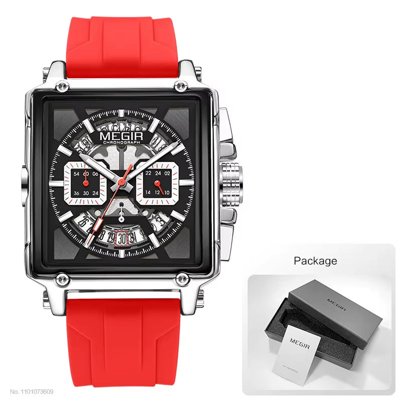 Square Dial Sport Quartz Watch Men Fashion Waterproof Luminous Wristwatch with Chronograph Date Blue Silicone Strap 2233
