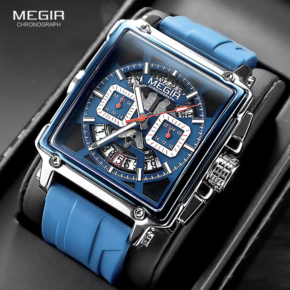 Square Dial Sport Quartz Watch Men Fashion Waterproof Luminous Wristwatch with Chronograph Date Blue Silicone Strap 2233