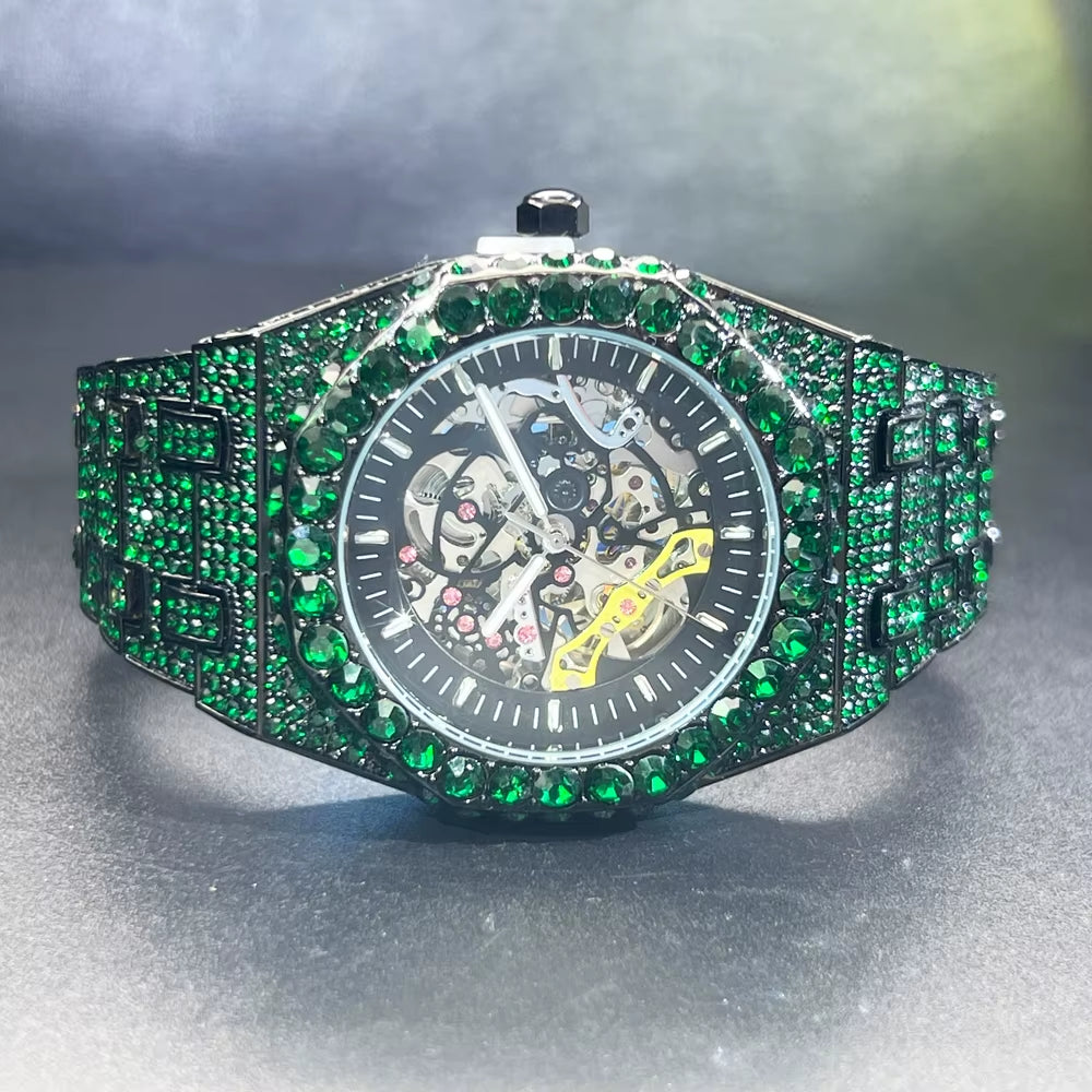 Automatic Watch for Men Luxury Full Green Ice Out Business Tourbillon Watches Bling Diamond Gold Male Mechanical Wristwatch