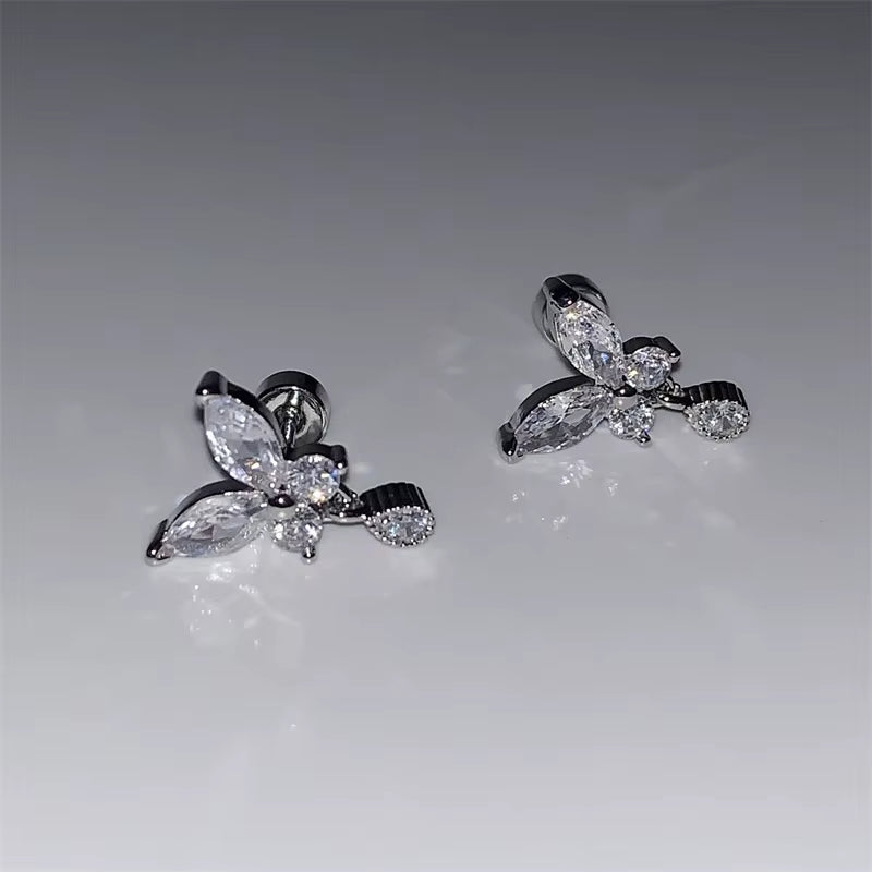 Shiny Hollow Silver Color Rhinestone Butterfly 316L Stainless Steel Ear Bone Nail Delicate Waterproof Small Earrings for Women