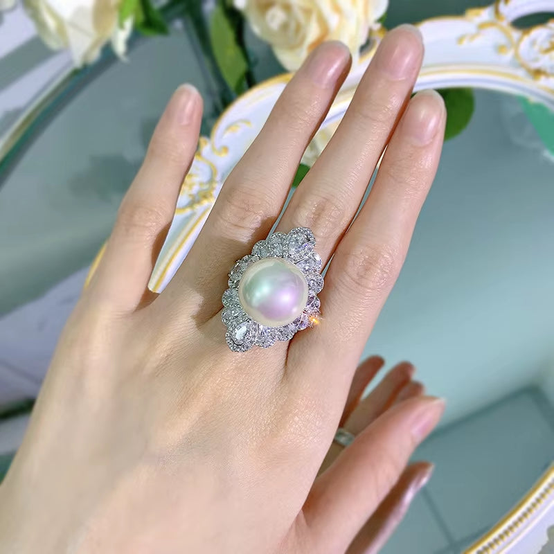 2-In-1 16Mm Pearl Diamond Ring Sets 100% Real 925 Sterling Silver Party Wedding Band Rings for Women Bridal Engagement Jewelry