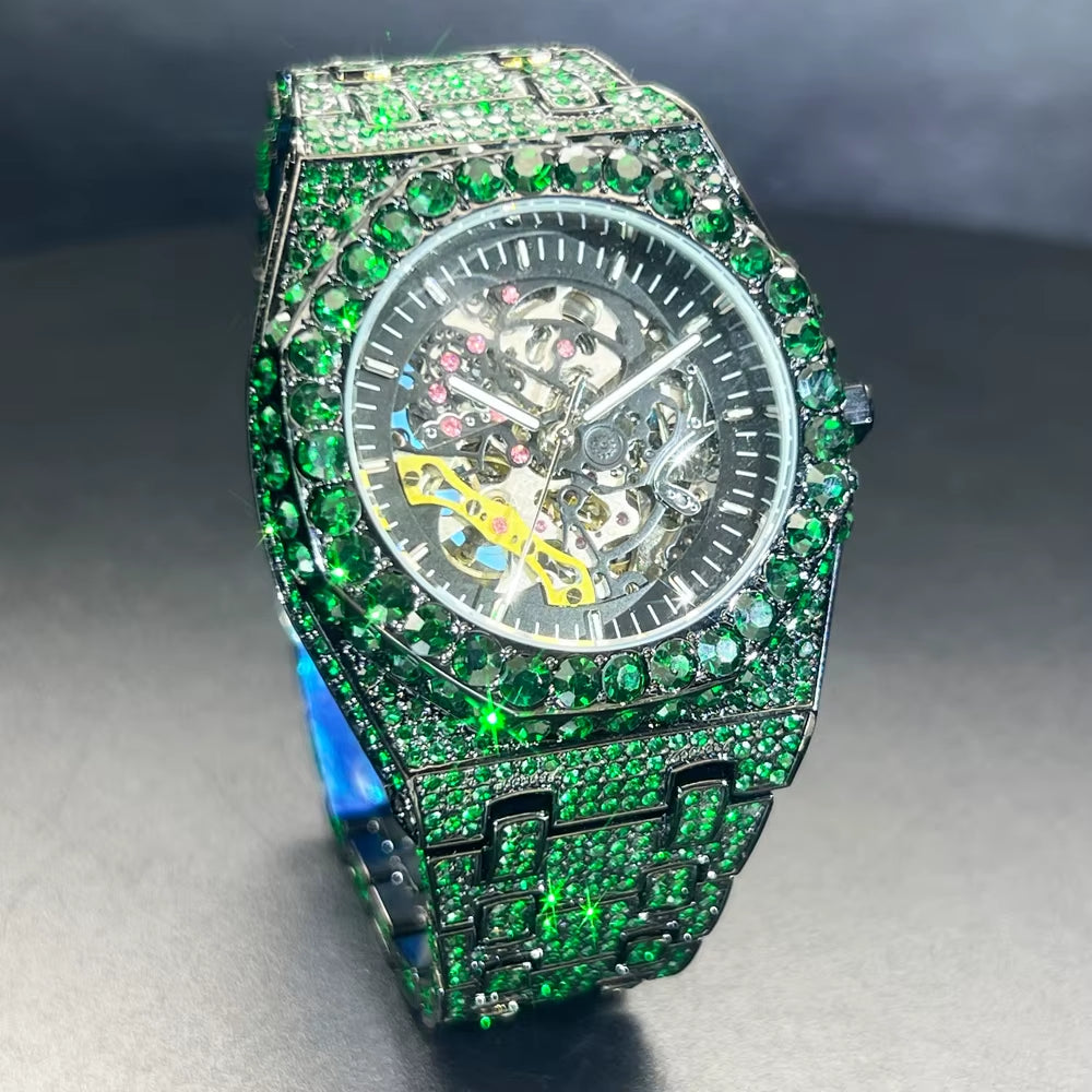 Automatic Watch for Men Luxury Full Green Ice Out Business Tourbillon Watches Bling Diamond Gold Male Mechanical Wristwatch