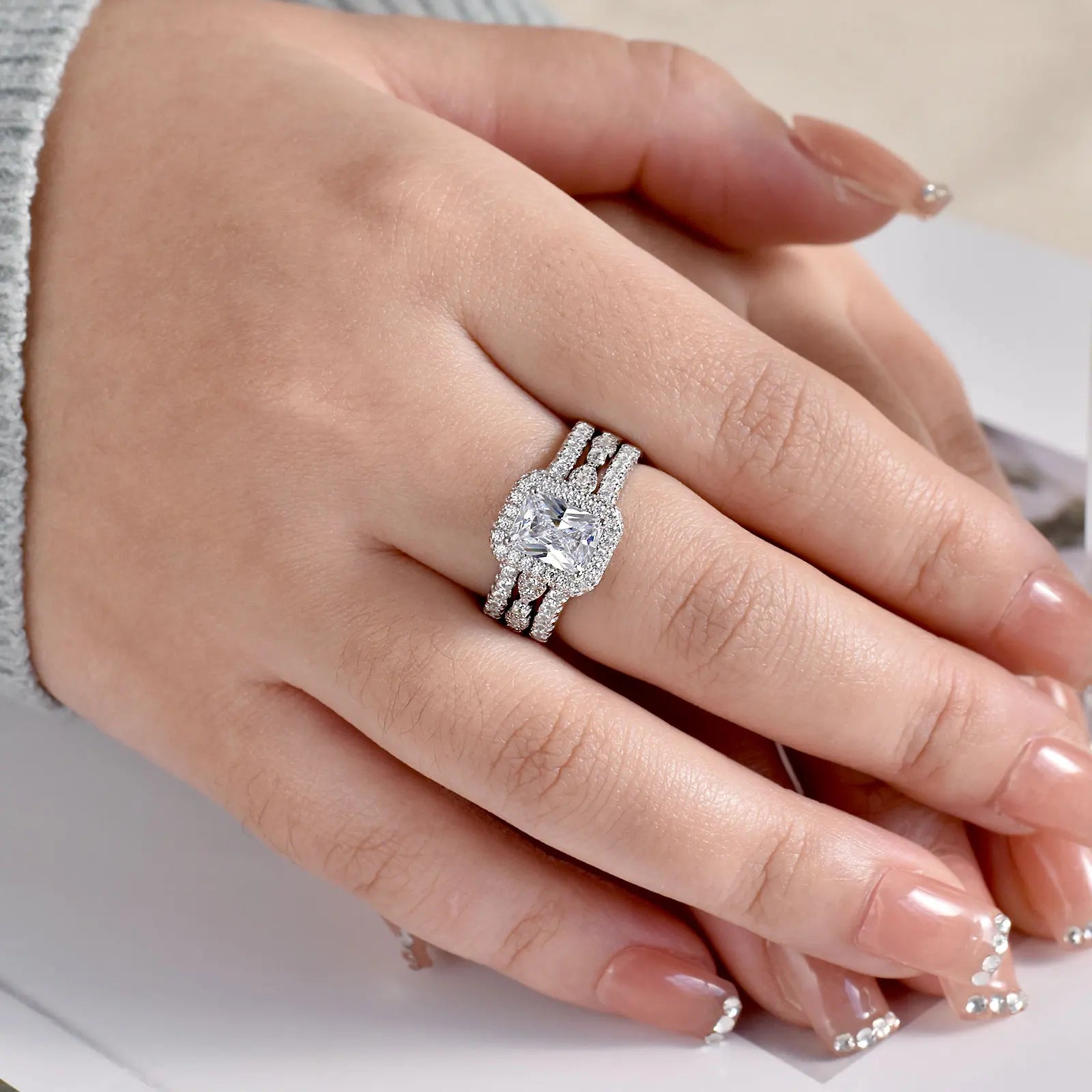 Solid 925 Sterling Silver Wedding Rings Set for Women AAAAA Grade CZ Engagement Ring Detachable Guard Bands
