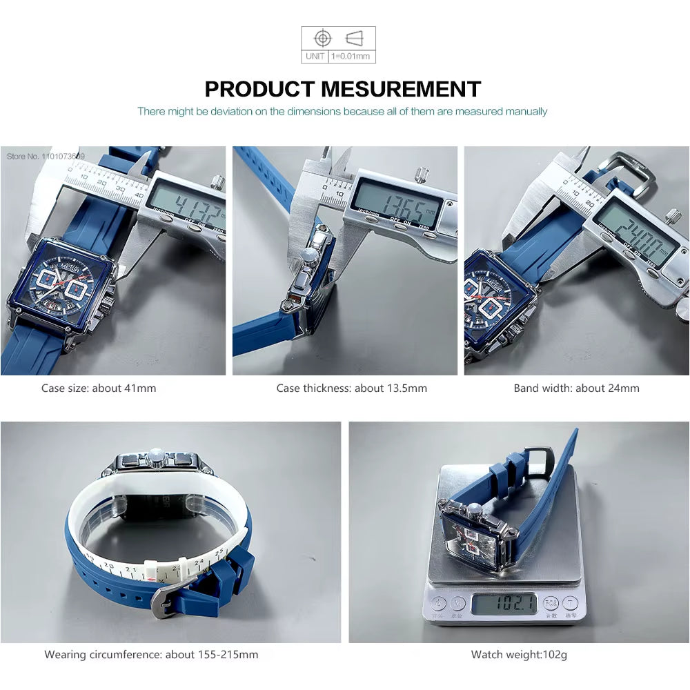 Square Dial Sport Quartz Watch Men Fashion Waterproof Luminous Wristwatch with Chronograph Date Blue Silicone Strap 2233