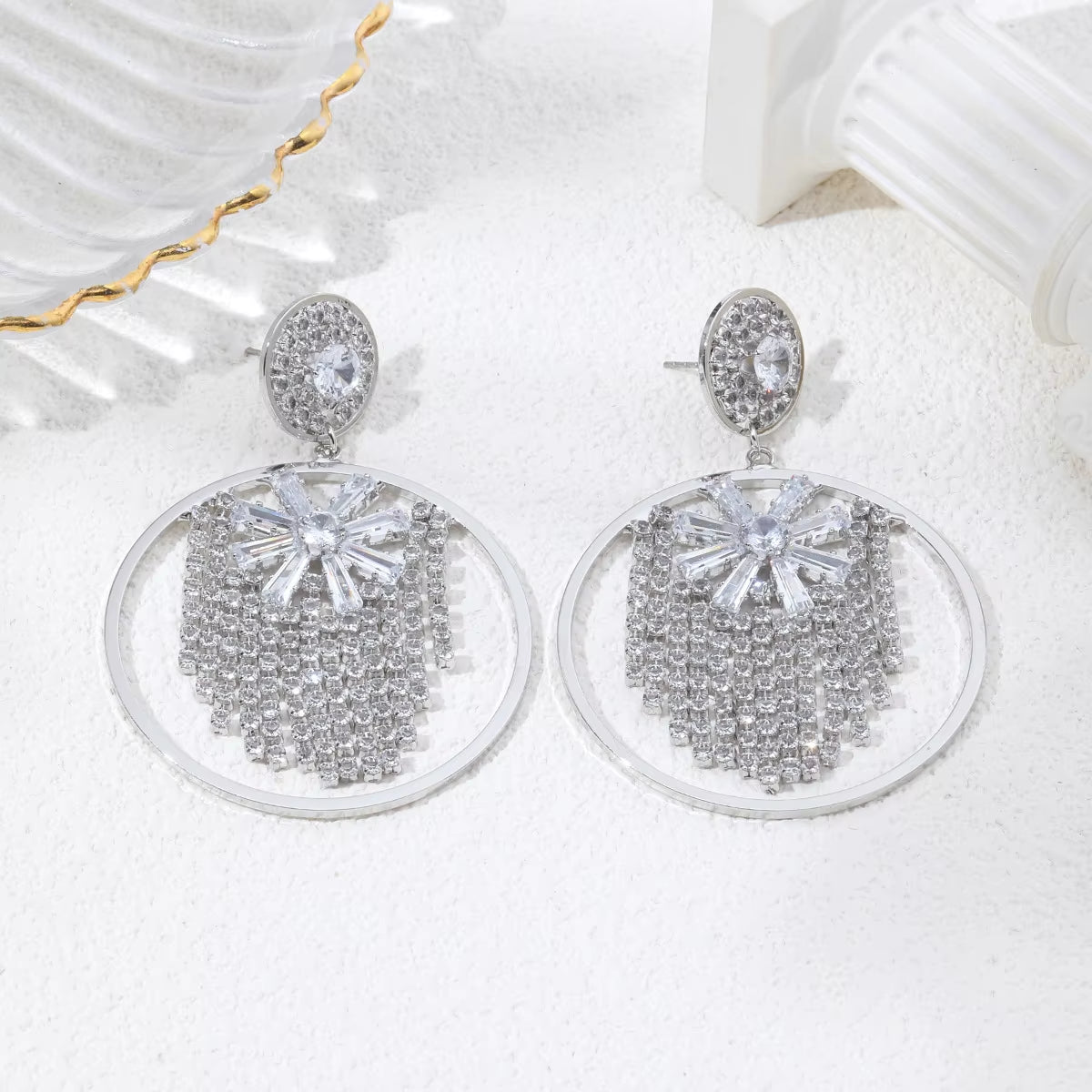 Fashion Snowflake Tassel Exaggerated Large Circular Ring Zircon Earrings Party Banquet Women Ear Accessories Jewelry
