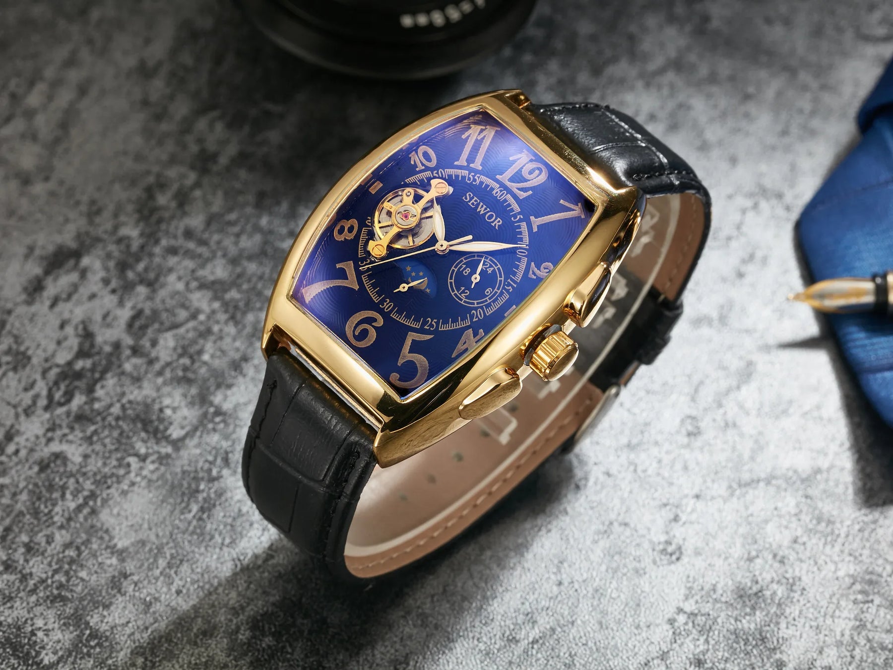 Top Fashion Luxury Gold Watch Men Mon Phase Tourbillon Watches Small Seconds Automatic Mechanical Wristwatches Reloj Hombre 2023
