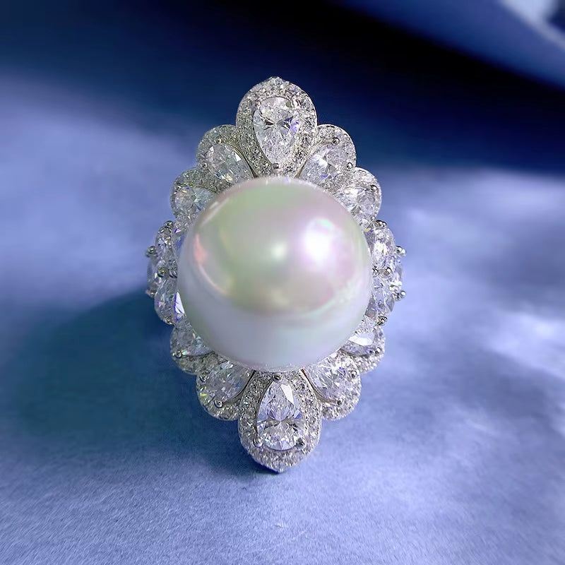 2-In-1 16Mm Pearl Diamond Ring Sets 100% Real 925 Sterling Silver Party Wedding Band Rings for Women Bridal Engagement Jewelry