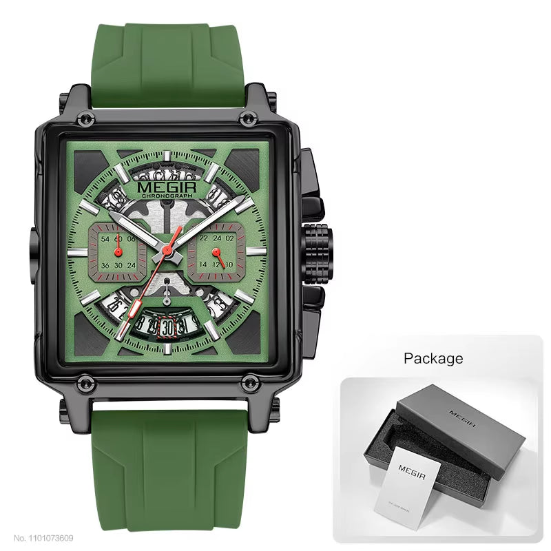 Square Dial Sport Quartz Watch Men Fashion Waterproof Luminous Wristwatch with Chronograph Date Blue Silicone Strap 2233