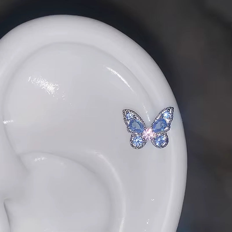 Shiny Hollow Silver Color Rhinestone Butterfly 316L Stainless Steel Ear Bone Nail Delicate Waterproof Small Earrings for Women