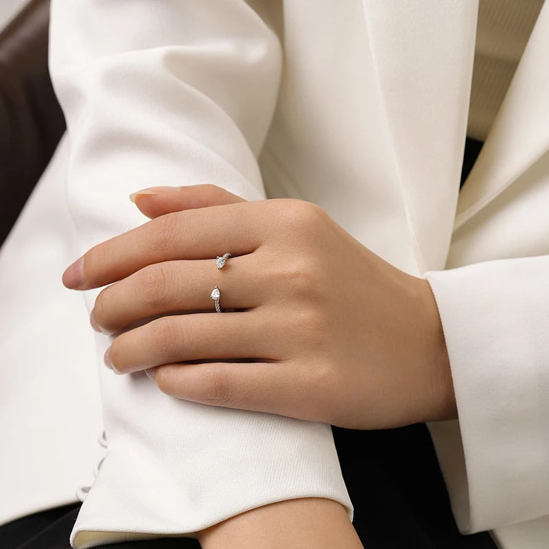 Solid 925 Sterling Silver Water Drop Shape Dazzling CZ Adjustable Finger Ring for Women Girls Birthday Party Jewelry Gift