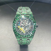 Automatic Watch for Men Luxury Full Green Ice Out Business Tourbillon Watches Bling Diamond Gold Male Mechanical Wristwatch