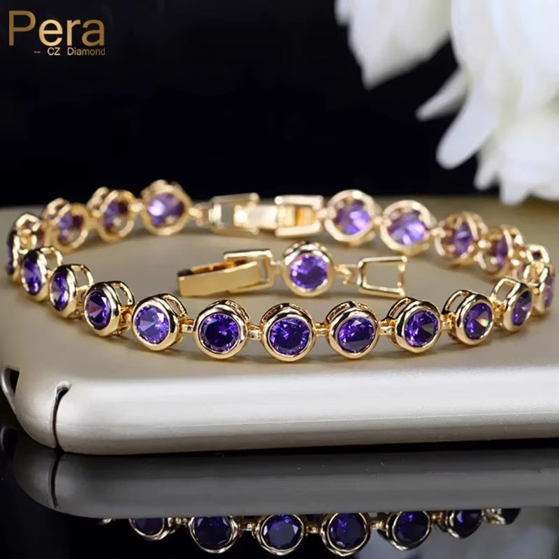 Pera Gorgeous Design Gold Color round Shape Purple Cubic Zirconia Stone Charm Link Bracelets Wedding Jewelry for Women B020