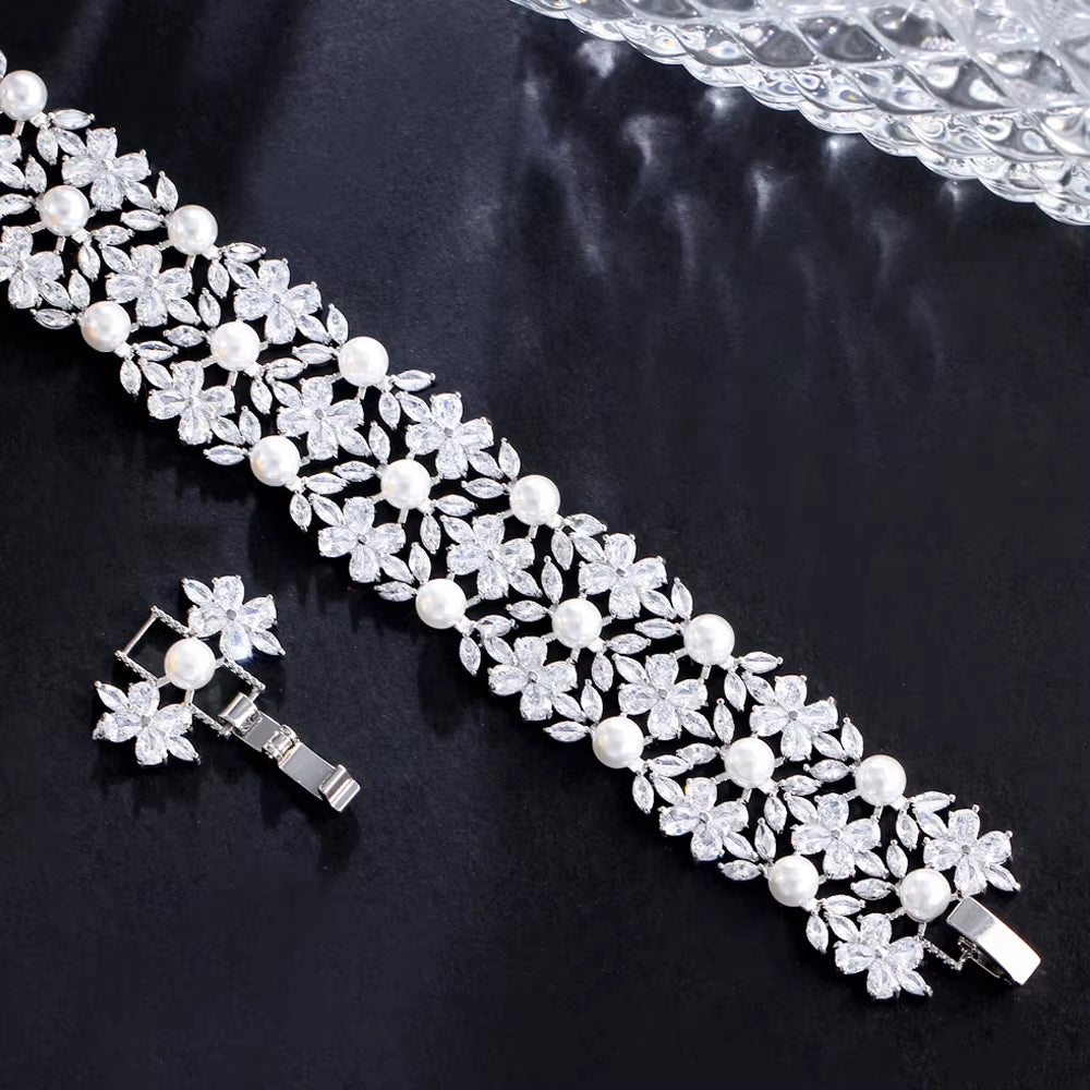 Threegraces Elegant Shiny Cubic Zirconia Simulated Pearl Wedding Bridal Engagement Bracelet for Women Fashion Prom Jewelry BR282