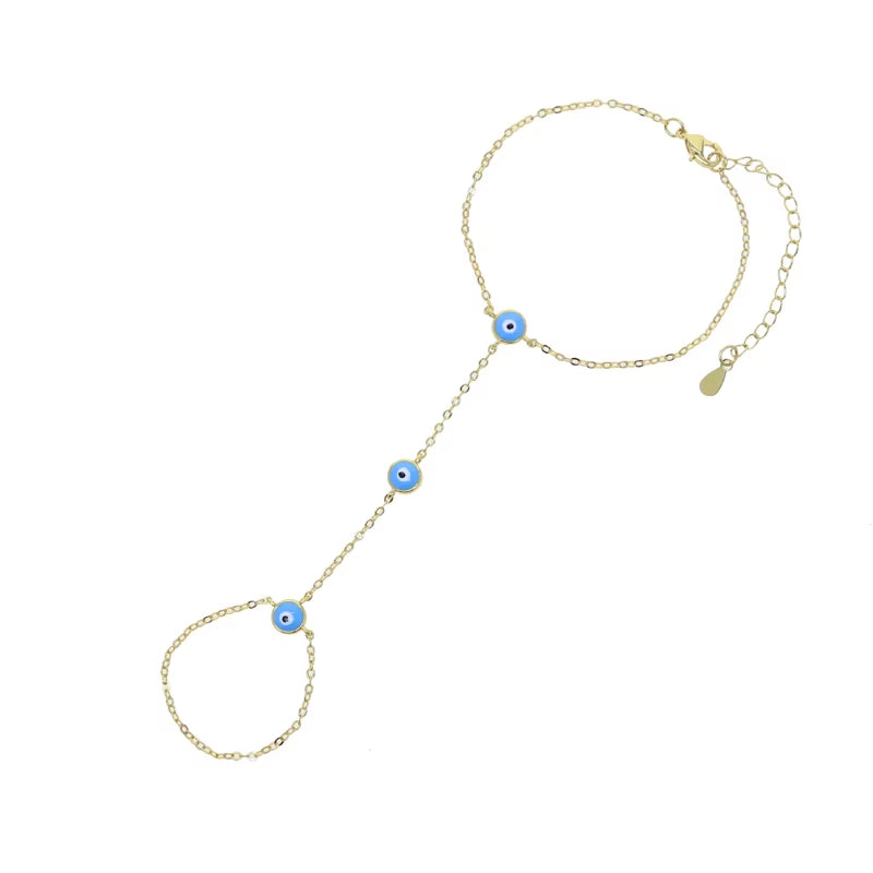 Wholesale Fashion Women Jewelry Hand Chain Gold Color Blue Enamel Evil Eye Charm Chain Bracelet